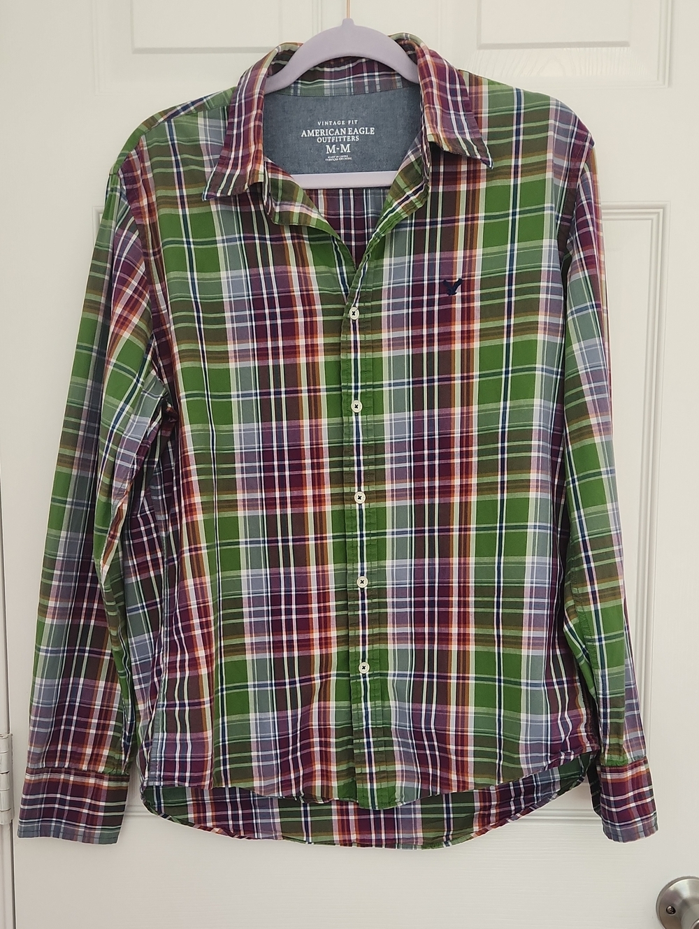 100% Cotton American Eagle Green Multi Plaid Grunge Button-Down Shirt FLAW